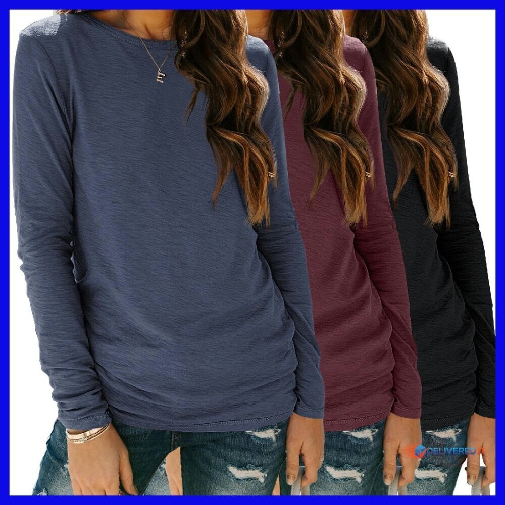 3-Pack Long Sleeve Basic Tees Loose Fit Polyester Blend Tops
